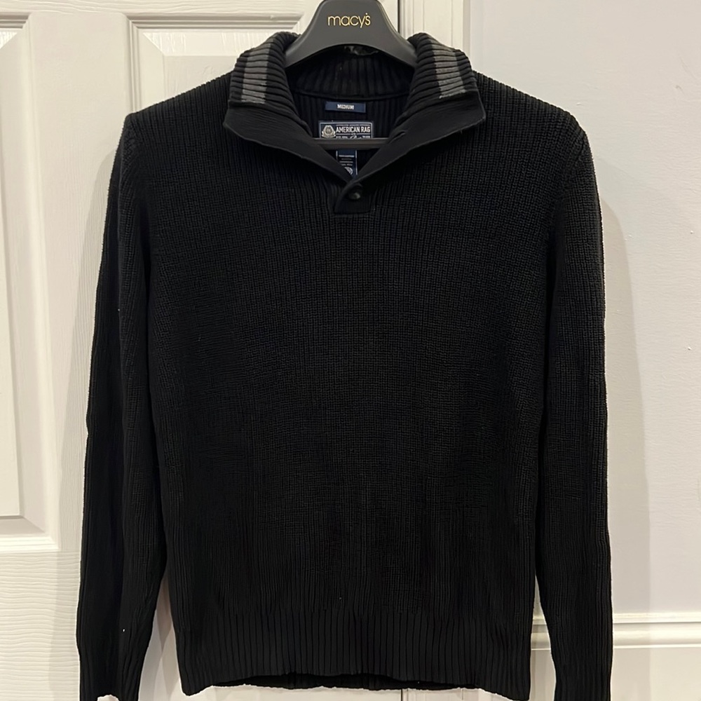 American Rag Classic Mock Neck Sweater Black 3/4 button